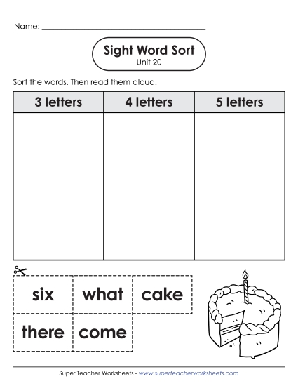 Worksheets - Sight Word Sort (Unit 20) (Printable PDF Worksheet)