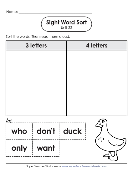 Worksheets - Sight Word Sort (Unit 22) (Printable PDF Worksheet)
