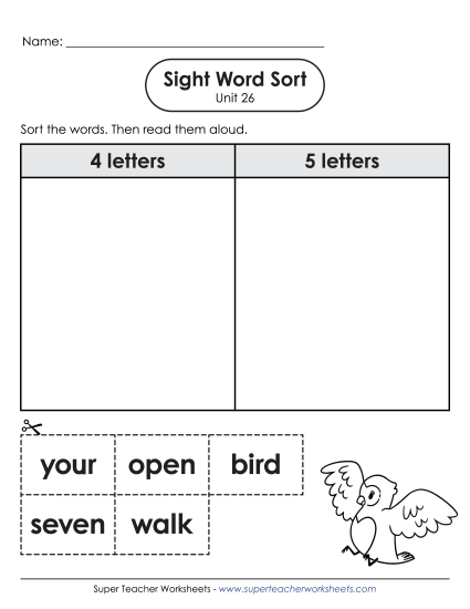 Worksheets - Sight Word Sort (Unit 26) (Printable PDF Worksheet)
