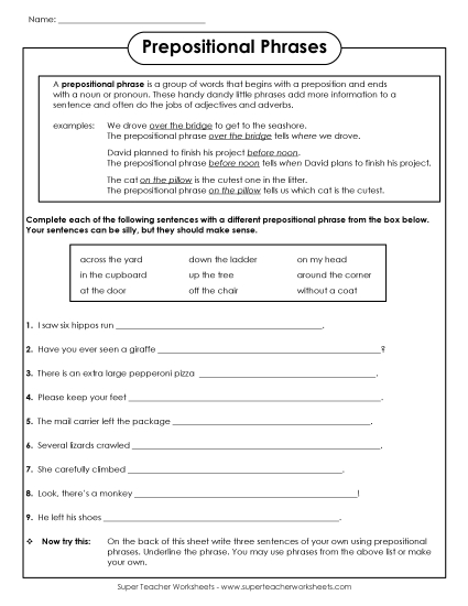 Level: Intermediate - Silly Prepositional Phrases (Printable PDF Worksheet)