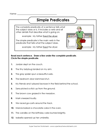 Simple Subjects & Predicates - Simple Predicates (Printable PDF Worksheet)