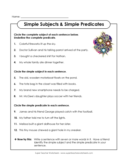 Simple Subjects & Predicates - Simple Subjects and Predicates (Printable PDF Worksheet)