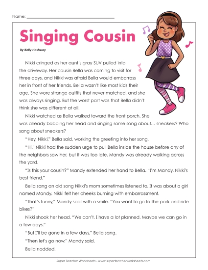 Fiction Stories - Singing Cousin (Fiction) (Printable PDF Worksheet)