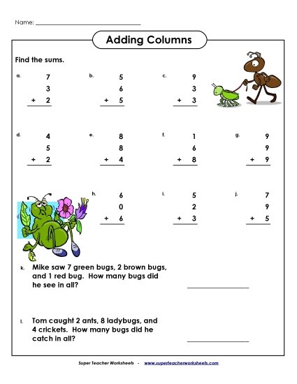 One-Digit - Single-Digit Numbers, 3 Addends (Printable PDF Worksheet)