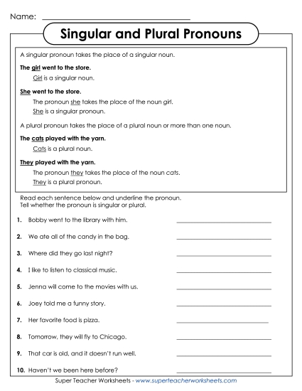 Basic Pronouns - Singular and Plural Pronouns (Printable PDF Worksheet)