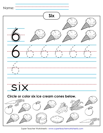 Number Six - Six: Trace, Print, Count (Printable PDF Worksheet)