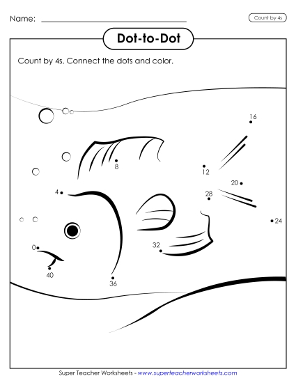 Skip Counting - Skip Counting by 4s: Fish (Printable PDF Worksheet)