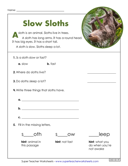 Short Passages - Slow Sloths (Short Article) (Printable PDF Worksheet)