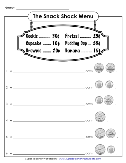 Mixed Coins - Snack Shack (Basic) A (Printable PDF Worksheet)