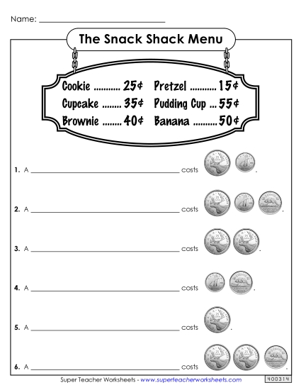 Mixed Coins - Snack Shack (Basic) (Printable PDF Worksheet)