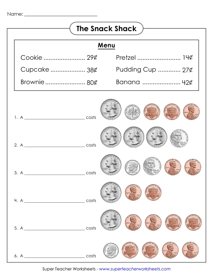 Coins Only (No Bills) - Snack Shack (Printable PDF Worksheet)