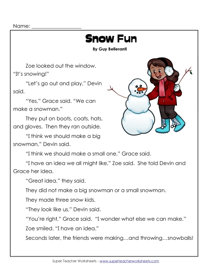 Reading Comprehension - Snow Fun (Fiction)  (Printable PDF Worksheet)