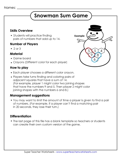 Winter Worksheets - Snowman Addition Game (Printable PDF Worksheet)
