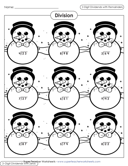 2-Digit Dividends (Remainders) - Snowman Division - 1 and 2-digit Quotients (Printable PDF Worksheet)