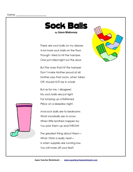 3rd Grade Poems - Sock Balls (Printable PDF Worksheet)
