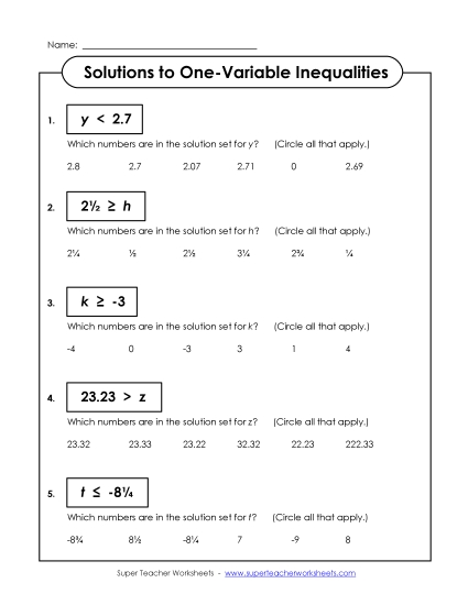 Intermediate Level: Pos & Neg Numbers - Solution Sets (Intermediate) (Printable PDF Worksheet)