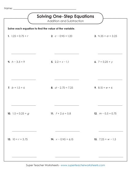 Solving for Variables Addition & Subtraction Only - Solving One Step Equations: Advanced (Addition & Subtraction) (Printable PDF Worksheet)