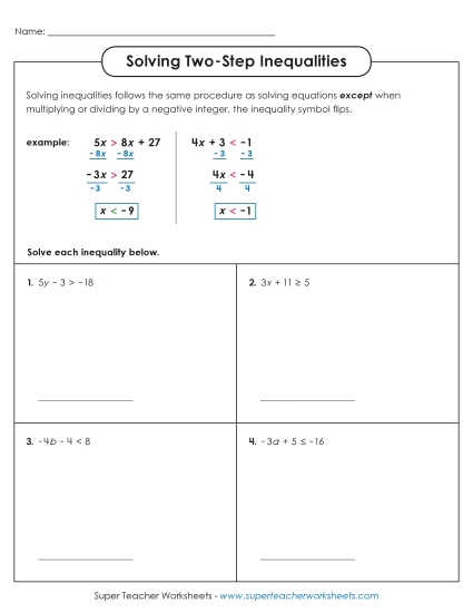 Basic Level - Solving Two-Step Inequalities (Basic) (Printable PDF Worksheet)