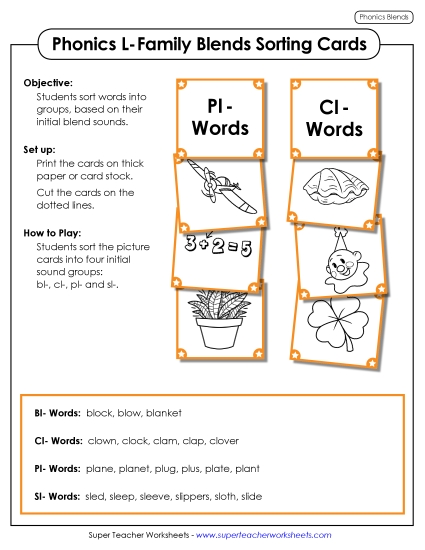 Cards & Games - Sorting Cards: L-Family Blends (Printable PDF Worksheet)