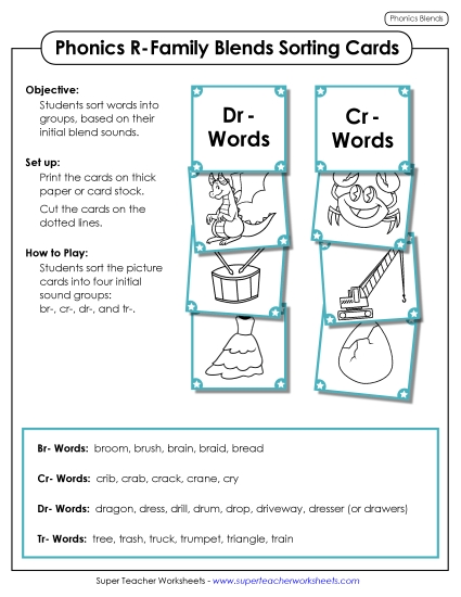Cards & Games - Sorting Cards: R-Family Blends (Printable PDF Worksheet)