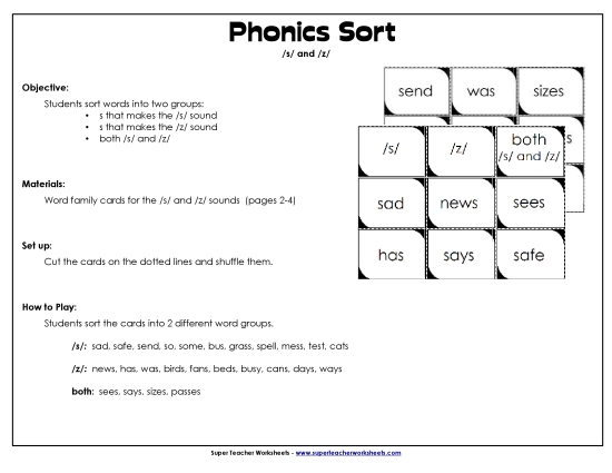Sounds /s/ and /z/ - Sorting /s/ and /z/ (Printable PDF Worksheet)