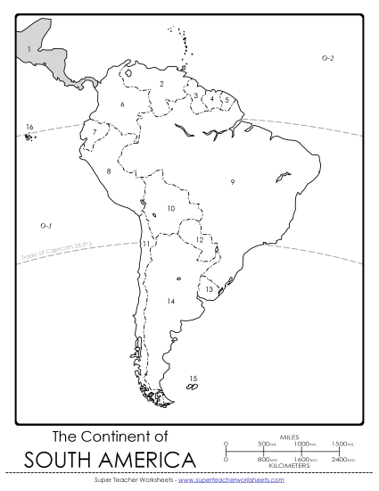 Maps of South America - South America - Numbers (Printable PDF Worksheet)