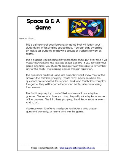 Worksheets (Level: Intermediate) - Space Q & A (Printable PDF Worksheet)