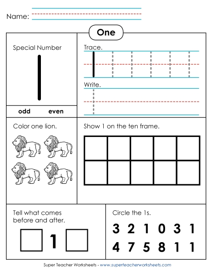 Single-Digit Numbers - Special Number: 1 (Printable PDF Worksheet)