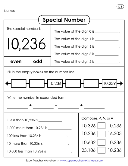 5-Digit Numbers - Special Number: 10,236 (Printable PDF Worksheet)