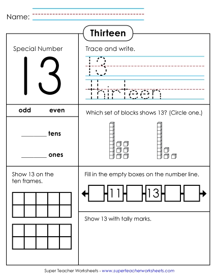 2-Digit Numbers - Special Number: 13 (Printable PDF Worksheet)
