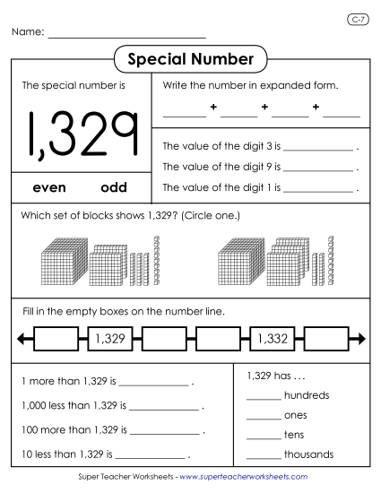 4-Digit Numbers - Special Number: 1,329 (Printable PDF Worksheet)