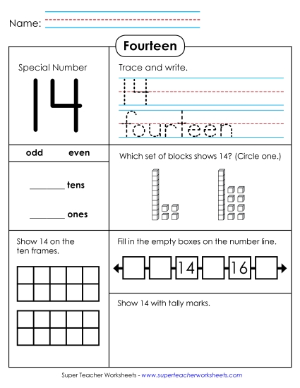 2-Digit Numbers - Special Number: 14 (Printable PDF Worksheet)