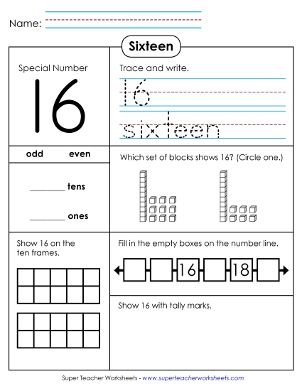 2-Digit Numbers - Special Number: 16 (Printable PDF Worksheet)