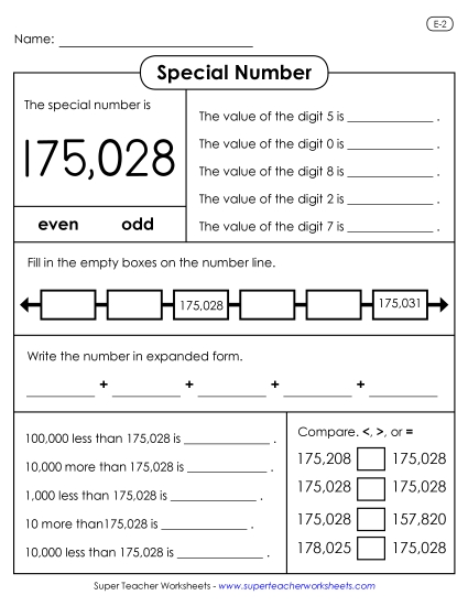6-Digit Numbers - Special Number: 175,028 (Printable PDF Worksheet)