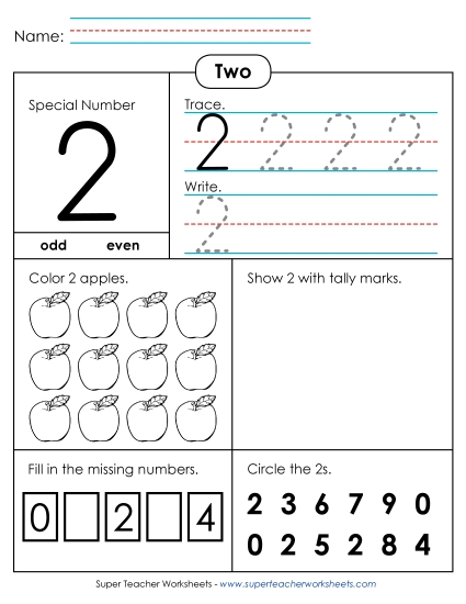 Math - Special Number: 2 Writing and Counting to 2 (Printable PDF Worksheet)