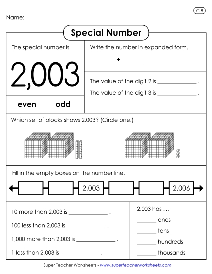4-Digit Numbers - Special Number: 2,003 (Printable PDF Worksheet)