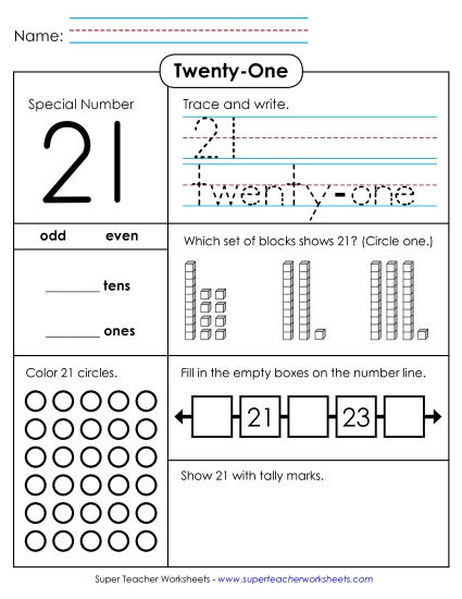 Number Twenty-One - Special Number: 21 (Printable PDF Worksheet)