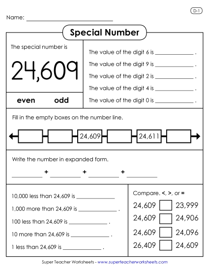 5-Digit Numbers - Special Number: 24,609 (Printable PDF Worksheet)