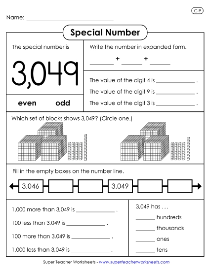 4-Digit Numbers - Special Number: 3,049 (Printable PDF Worksheet)