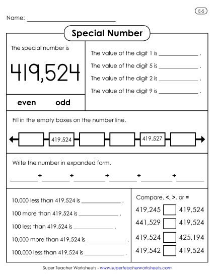 Special Numbers - Special Number: 419,524 (Printable PDF Worksheet)