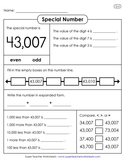 5-Digit Numbers - Special Number: 43,007 (Printable PDF Worksheet)