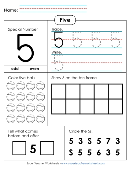 Single-Digit Numbers - Special Number: 5 (Printable PDF Worksheet)