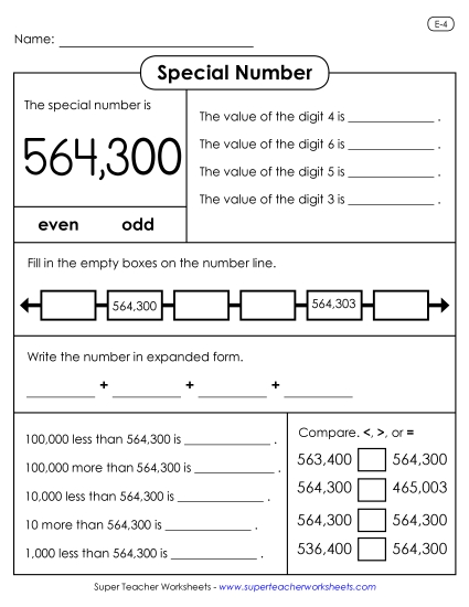 Special Numbers - Special Number: 564,300 (Printable PDF Worksheet)