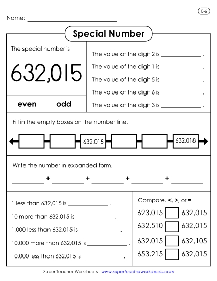 6-Digit Numbers - Special Number: 632,015 (Printable PDF Worksheet)