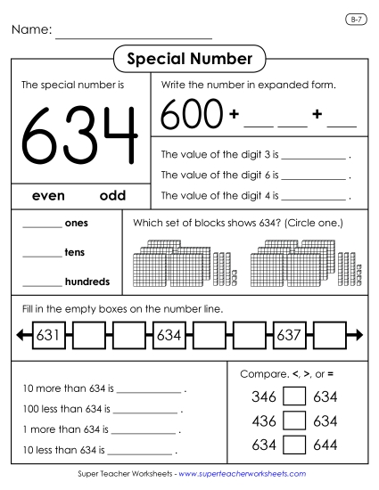 3-Digit Numbers - Special Number: 634 (Printable PDF Worksheet)