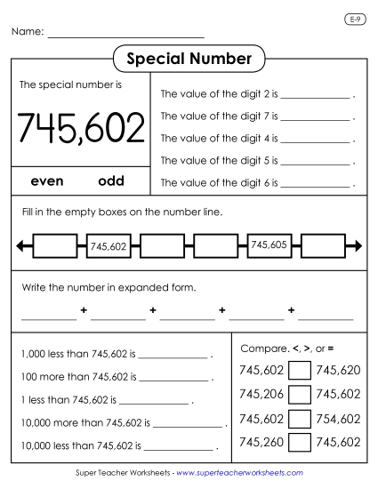 6-Digit Numbers - Special Number: 745,602 (Printable PDF Worksheet)