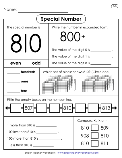 3-Digit Numbers - Special Number: 810 (Printable PDF Worksheet)