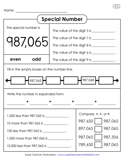 6-Digit Numbers - Special Number 987,065 (Printable PDF Worksheet)
