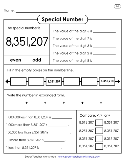 7-Digit Numbers - Special Numbers: 8,351,207 (Printable PDF Worksheet)