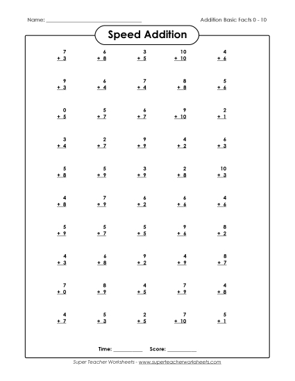 Speed Addition Drills - Speed Addition 0-10 (Version 1) (Printable PDF Worksheet)